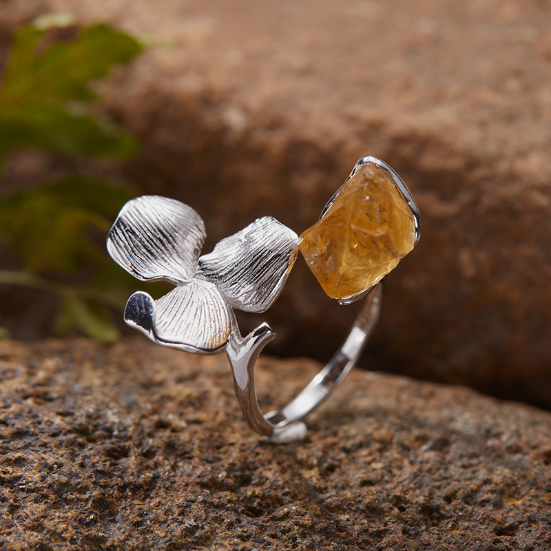 S925 sterling silver inlaid with natural crystal gemstone petal open ring