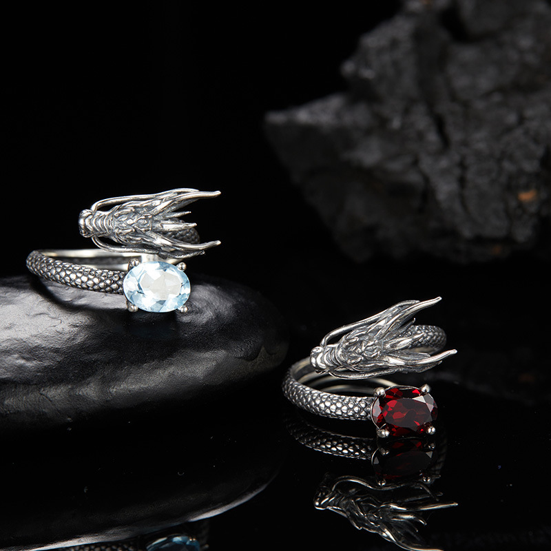 S925 sterling silver inlaid with natural ruby ​​dragon-shaped ring