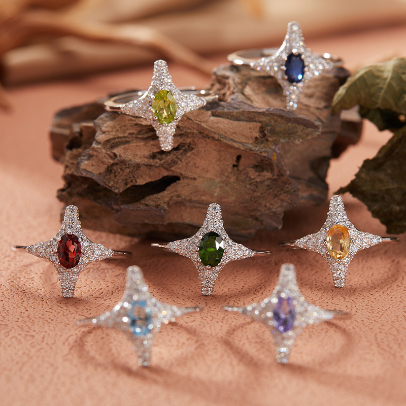 S925 sterling silver inlaid with natural crystal four-pointed star ring