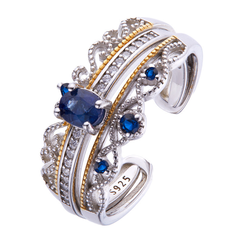 S925 sterling silver inlaid natural sapphire ring