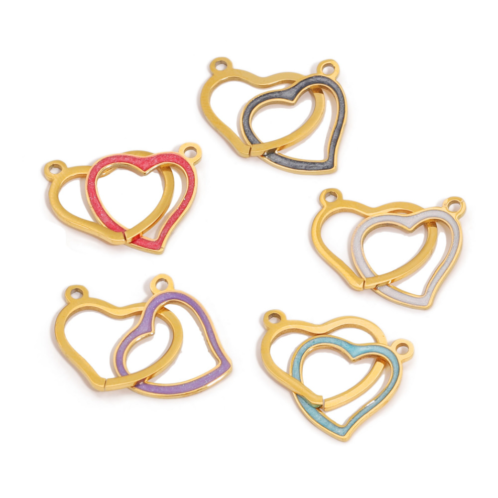 10pcs/bag Stainless steel double-hole heart enamel oil drop pendant