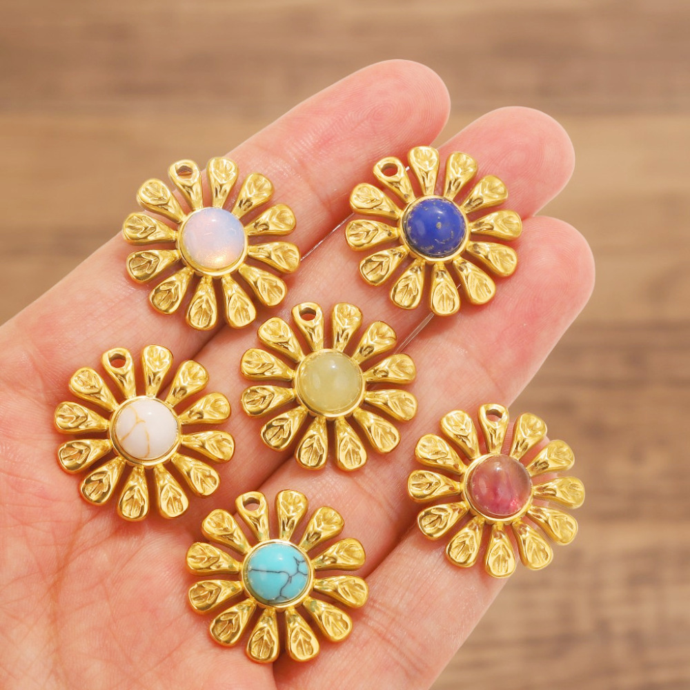 5pcs/bag stainless steel stone sunflower pendant DIY accessories
