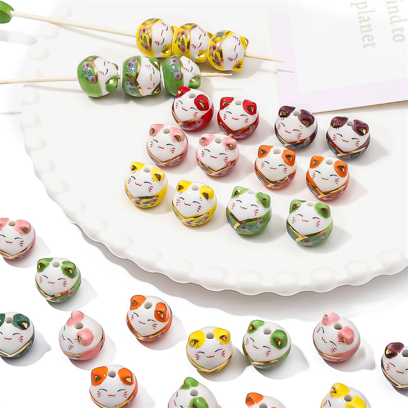 10 pcs/bag 15x14mm Ceramic Hand-Painted Lucky Cat Beads DIY Accessories