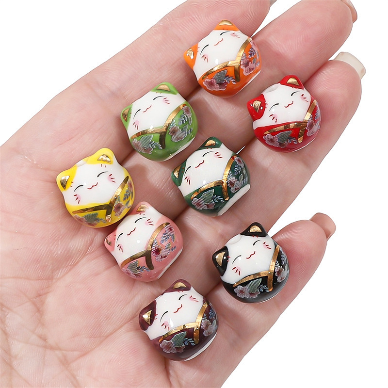 10 pcs/bag 15x14mm Ceramic Hand-Painted Lucky Cat Beads DIY Accessories