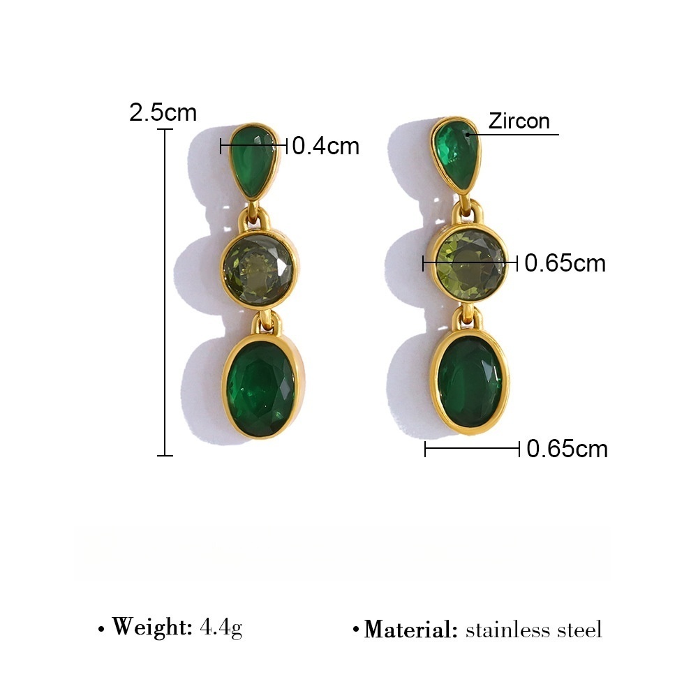 Stainless steel long stud earrings with teardrop-shaped emerald zircon stones