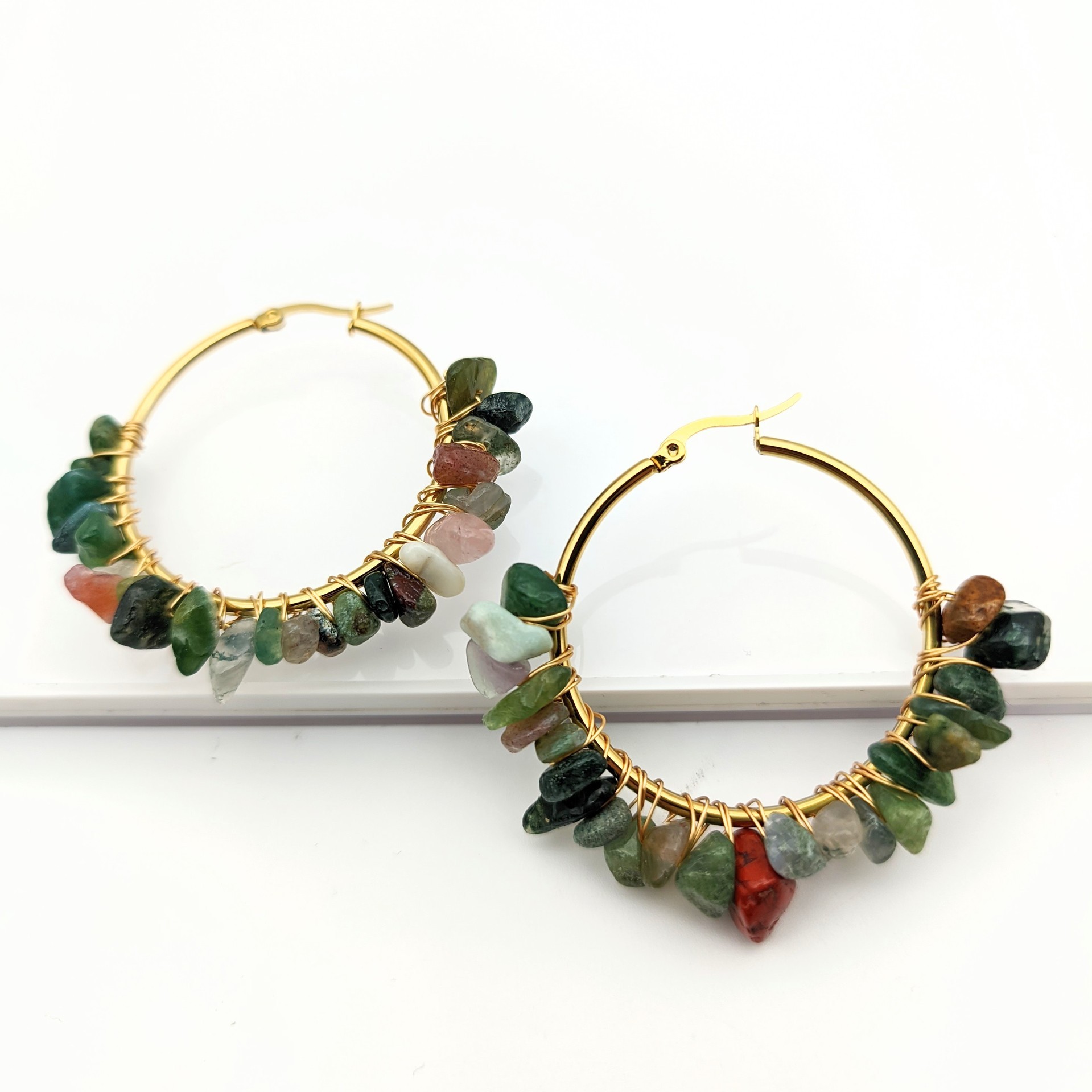 MYK1843-Large circle natural crystal earrings, hand-wrapped stainless steel earrings