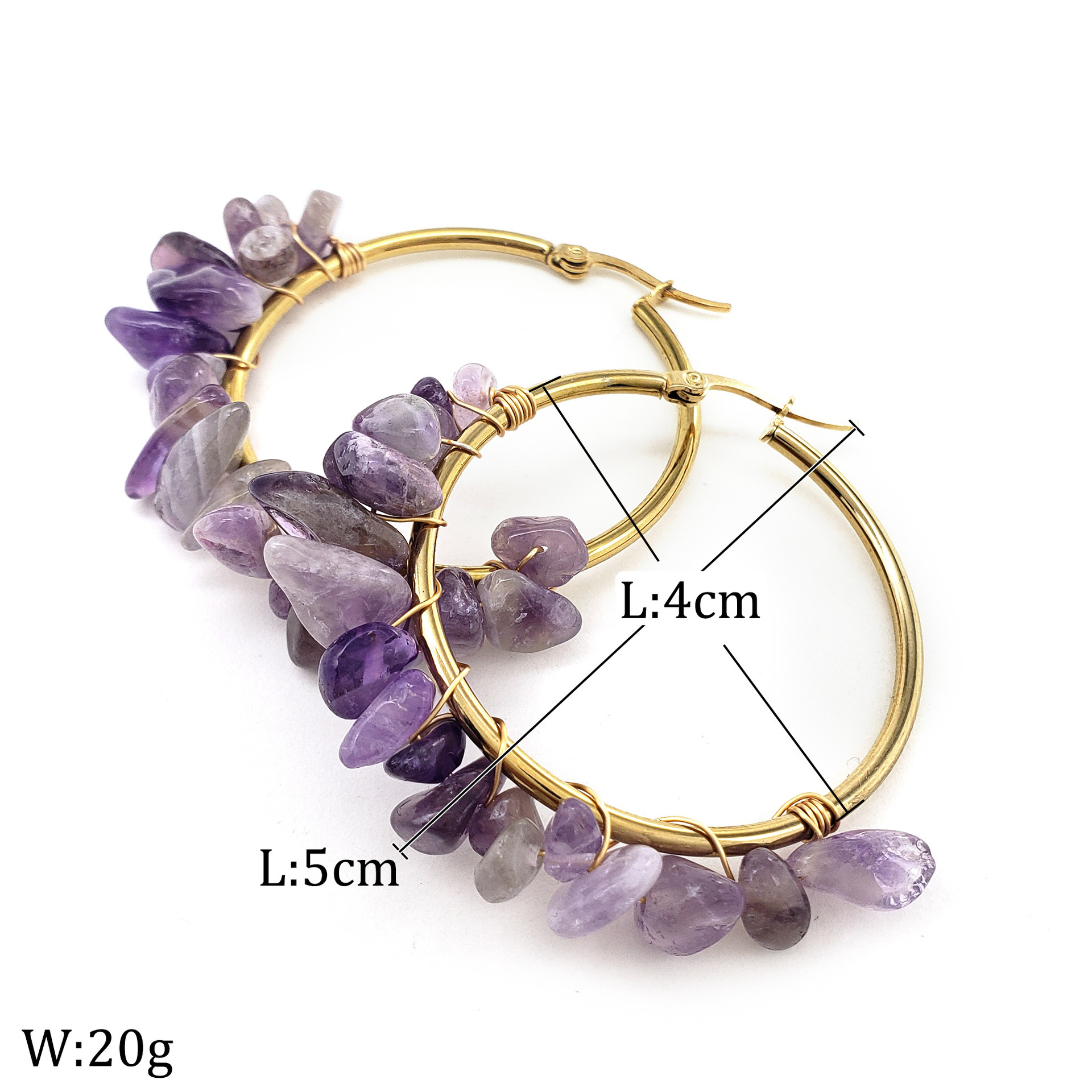 MYK1843-Large circle natural crystal earrings, hand-wrapped stainless steel earrings