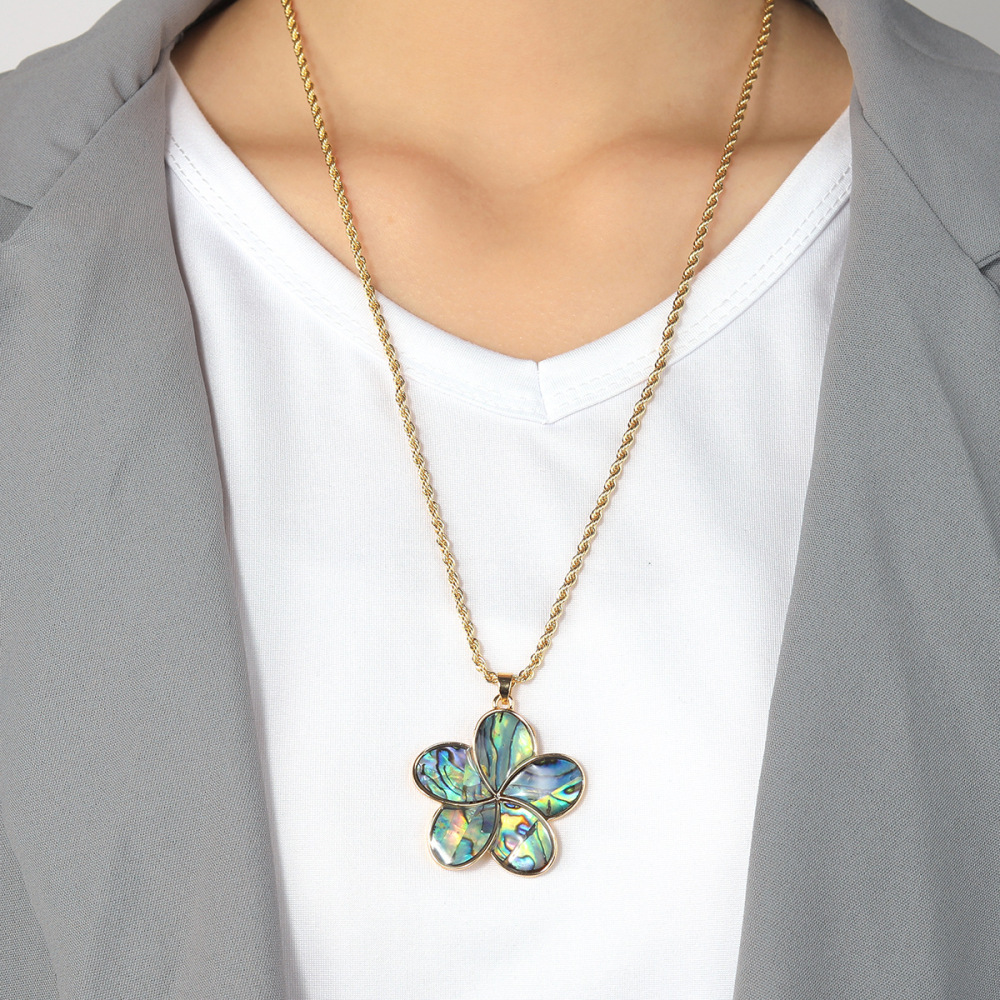 MYK1845-Fashionable Natural Abalone Shell Appliqué Jewelry Set, Five-Petal Flower Sweater Chain Necklace