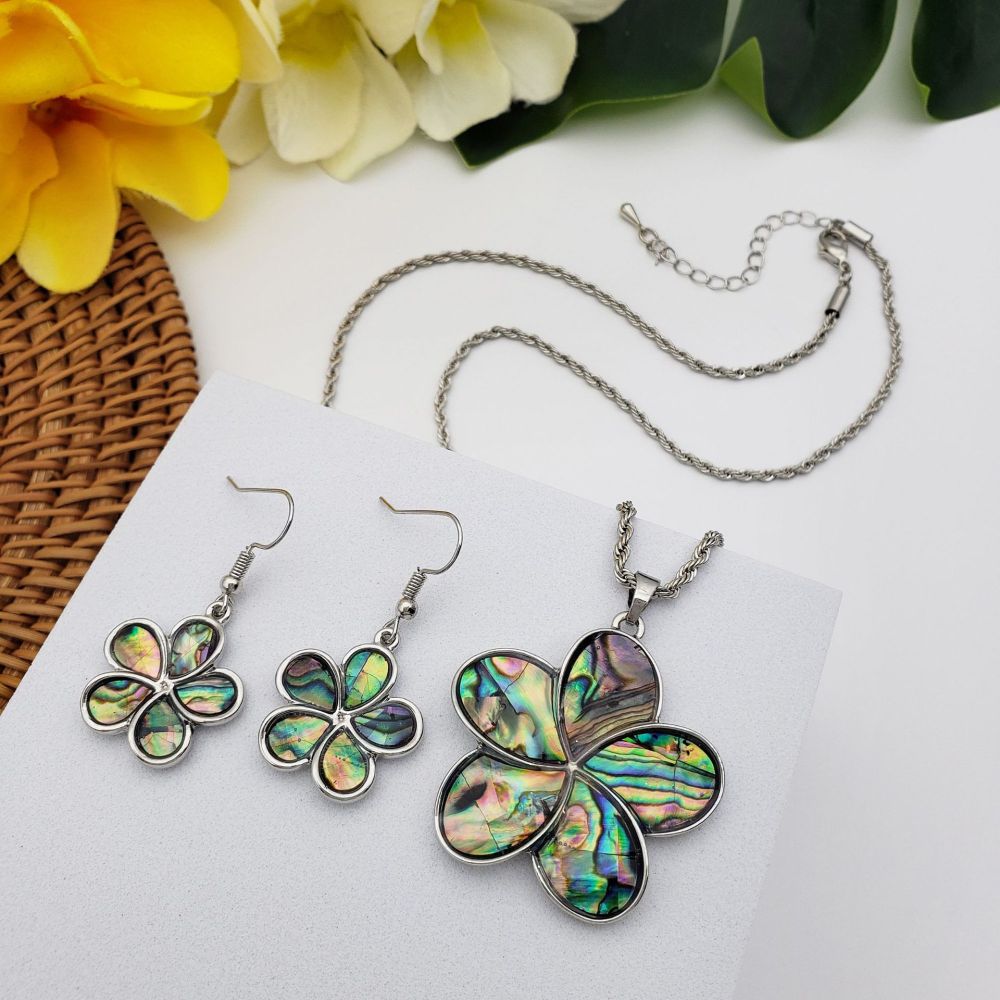 MYK1845-Fashionable Natural Abalone Shell Appliqué Jewelry Set, Five-Petal Flower Sweater Chain Necklace
