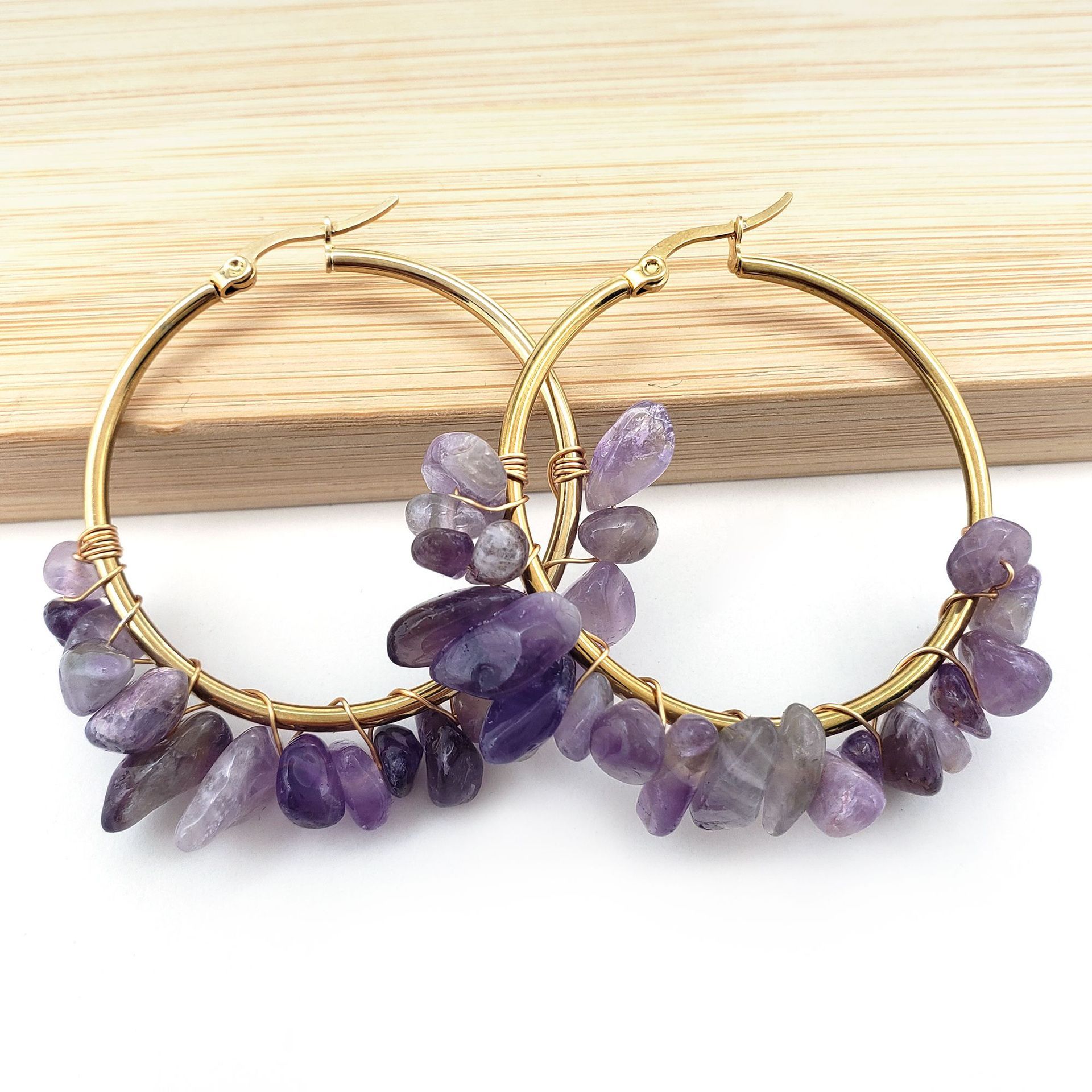 MYK1843-Large circle natural crystal earrings, hand-wrapped stainless steel earrings
