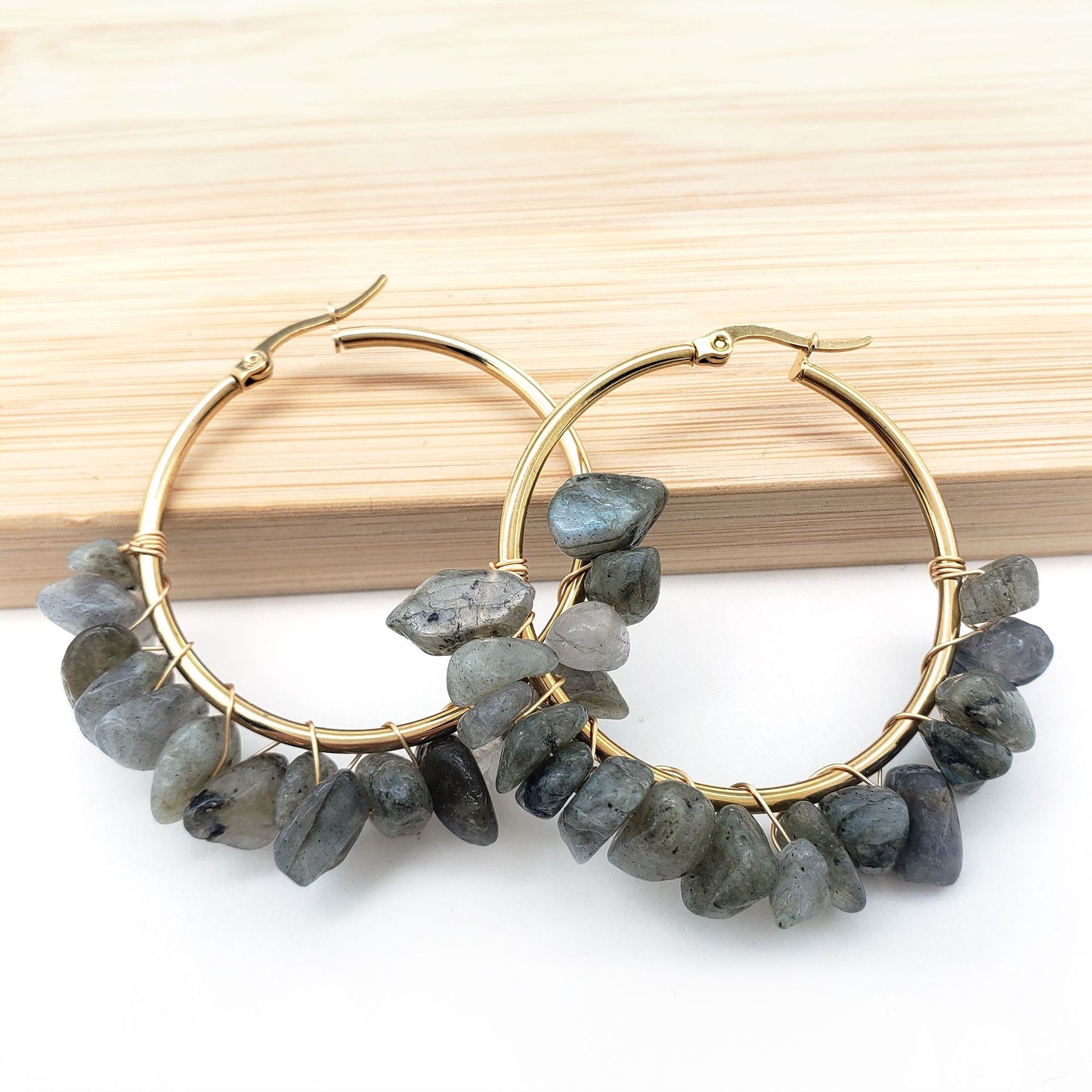 MYK1843-Large circle natural crystal earrings, hand-wrapped stainless steel earrings