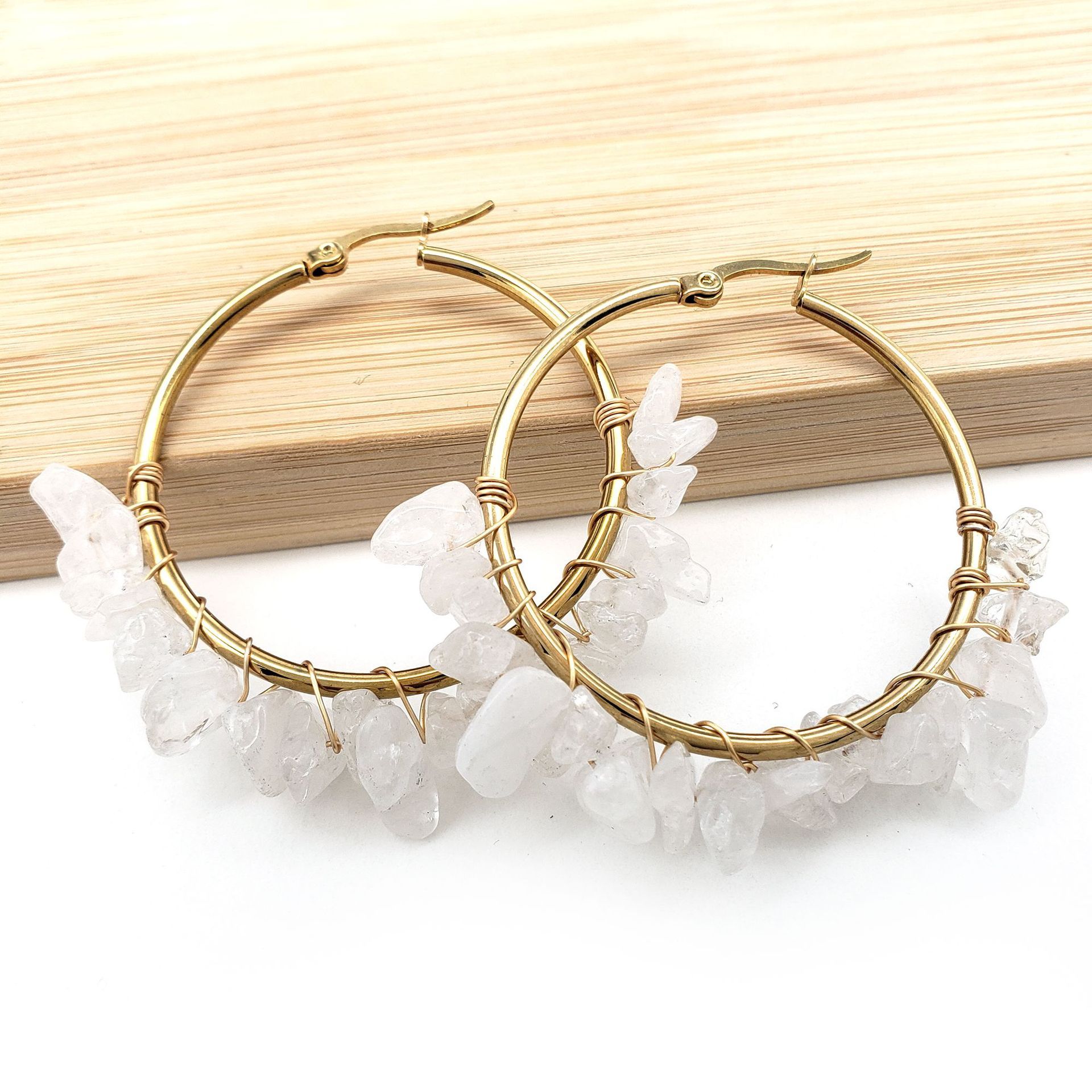 MYK1843-Large circle natural crystal earrings, hand-wrapped stainless steel earrings