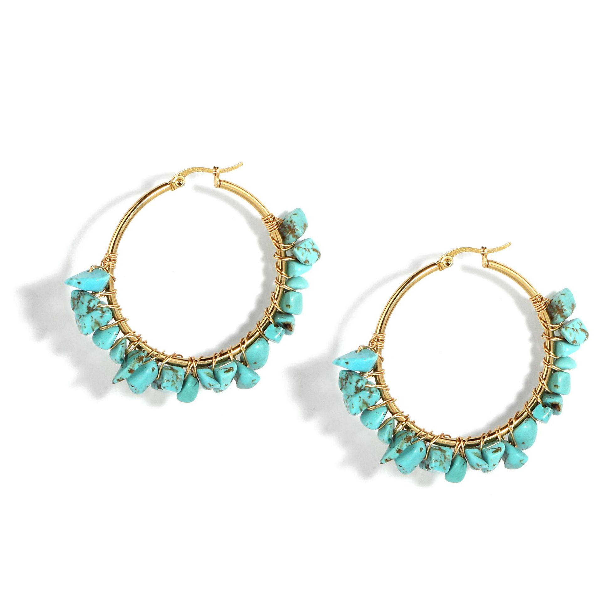 MYK1843-Large circle natural crystal earrings, hand-wrapped stainless steel earrings