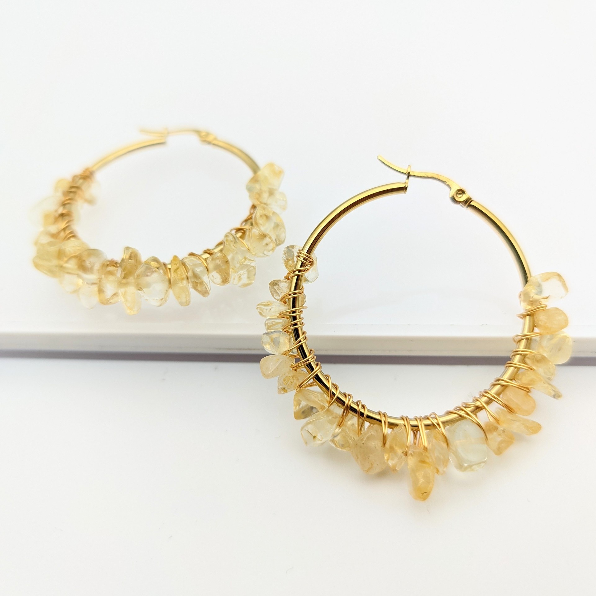 MYK1843-Large circle natural crystal earrings, hand-wrapped stainless steel earrings