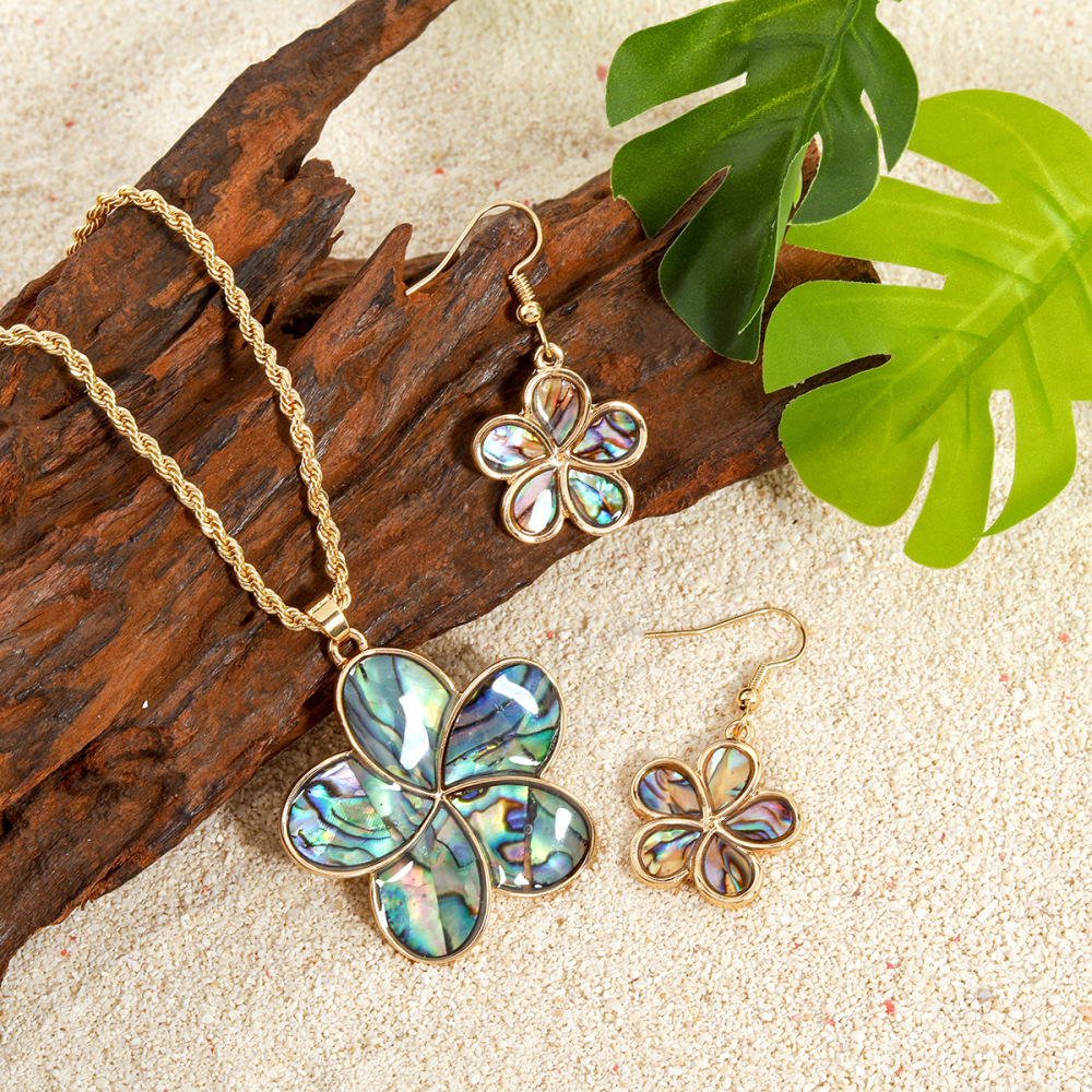 MYK1845-Fashionable Natural Abalone Shell Appliqué Jewelry Set, Five-Petal Flower Sweater Chain Necklace