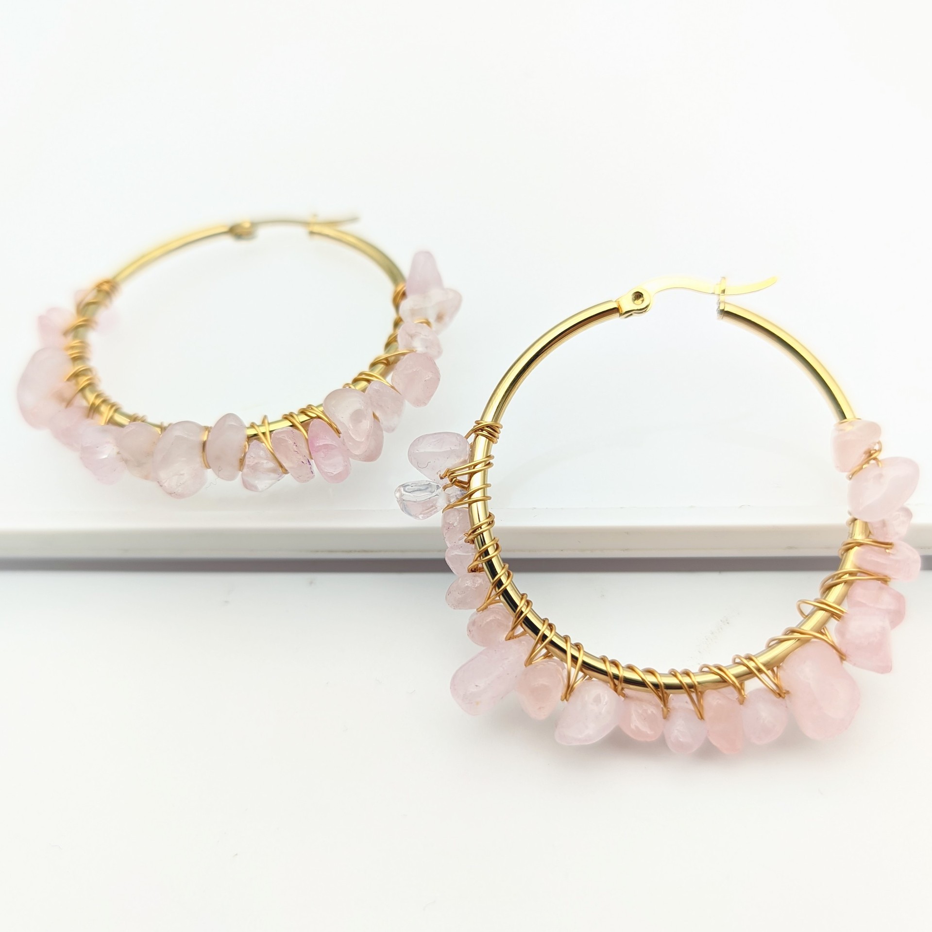 MYK1843-Large circle natural crystal earrings, hand-wrapped stainless steel earrings
