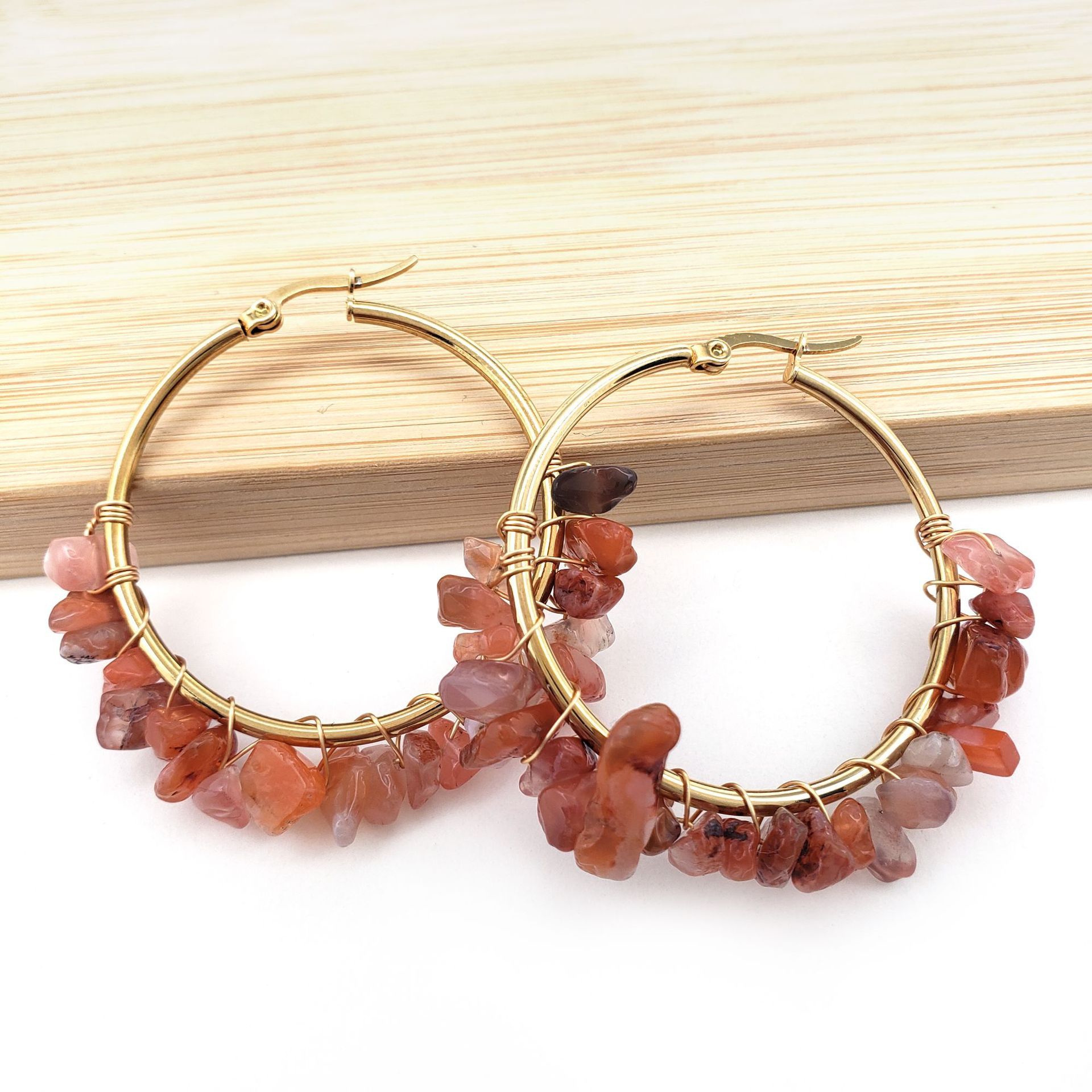 MYK1843-Large circle natural crystal earrings, hand-wrapped stainless steel earrings