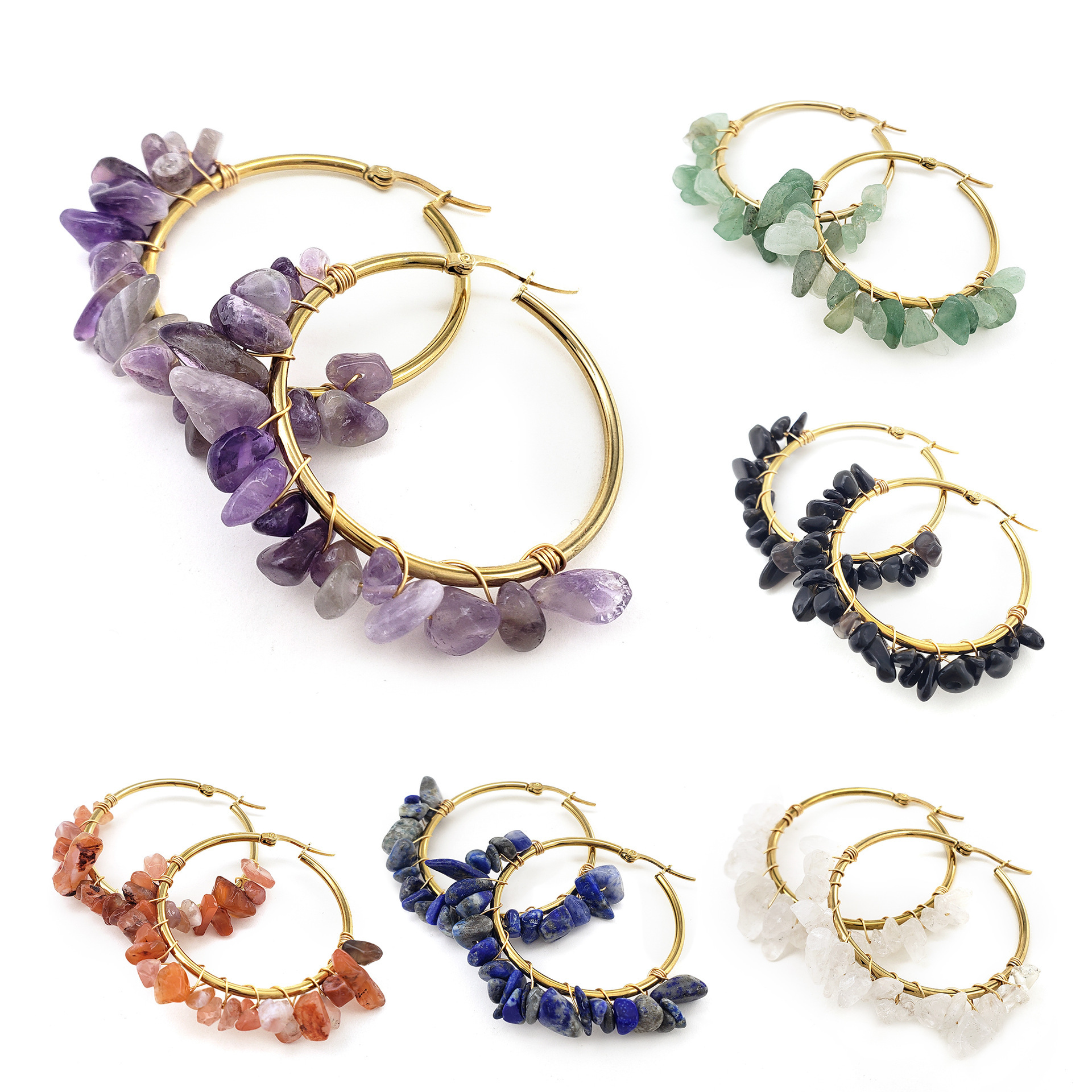 MYK1843-Large circle natural crystal earrings, hand-wrapped stainless steel earrings