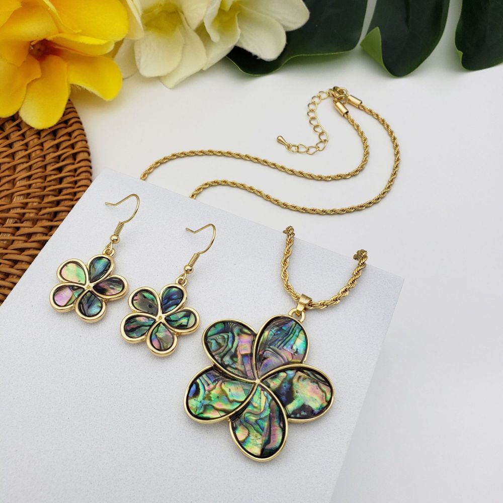 MYK1845-Fashionable Natural Abalone Shell Appliqué Jewelry Set, Five-Petal Flower Sweater Chain Necklace