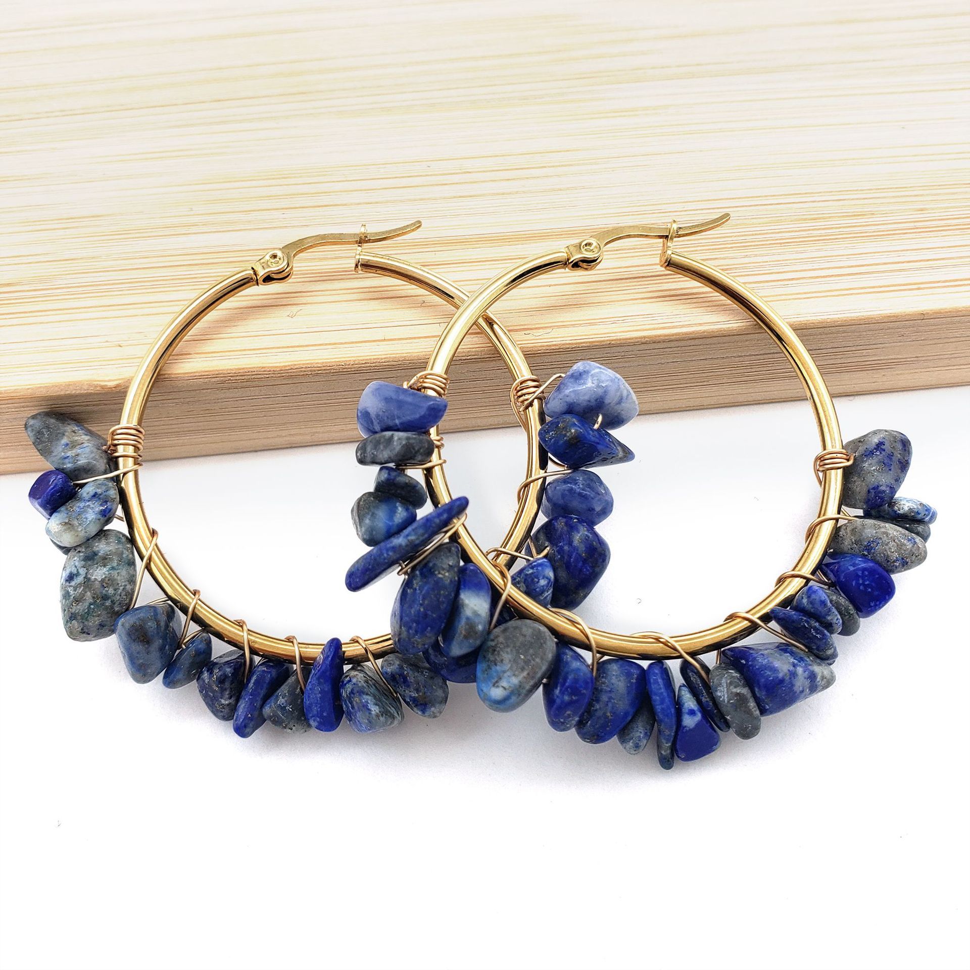 MYK1843-Large circle natural crystal earrings, hand-wrapped stainless steel earrings