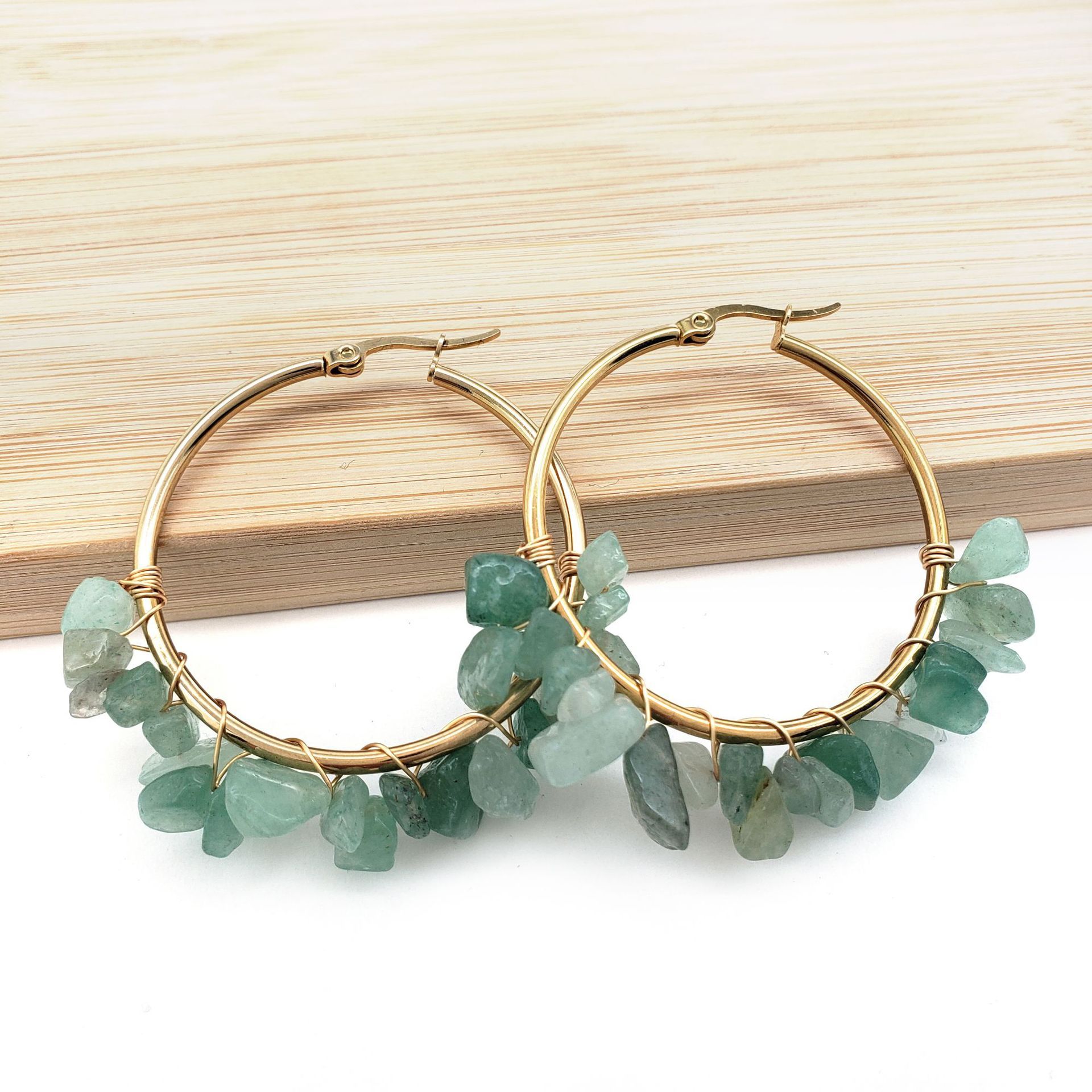 MYK1843-Large circle natural crystal earrings, hand-wrapped stainless steel earrings