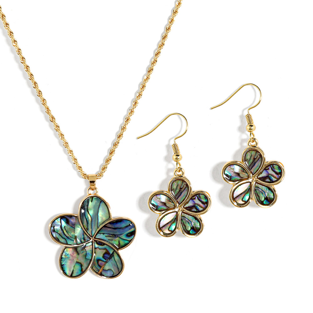 MYK1845-Fashionable Natural Abalone Shell Appliqué Jewelry Set, Five-Petal Flower Sweater Chain Necklace