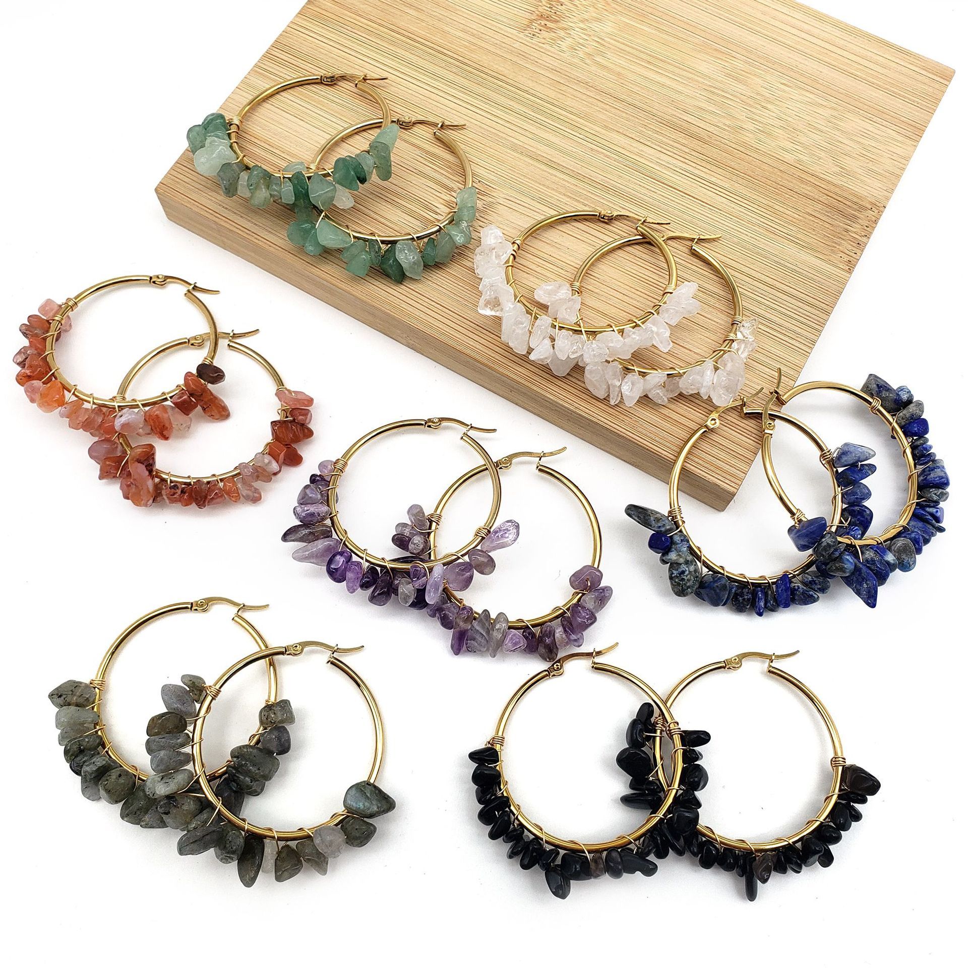 MYK1843-Large circle natural crystal earrings, hand-wrapped stainless steel earrings