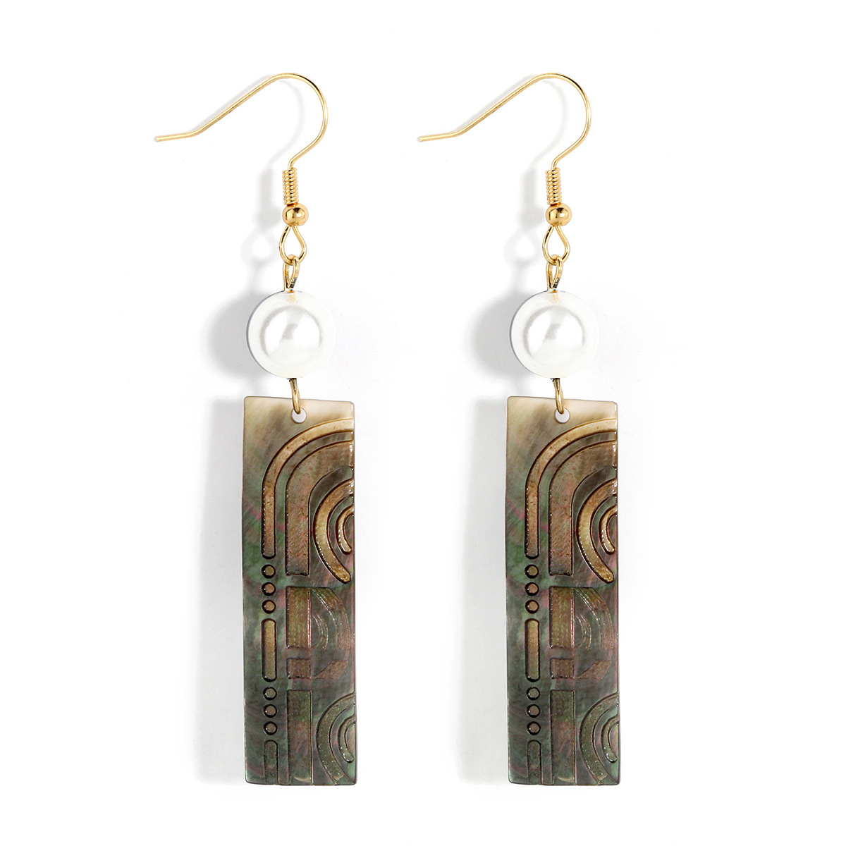 MYK1860-Black shell carved long earrings with natural mother-of-pearl pendants