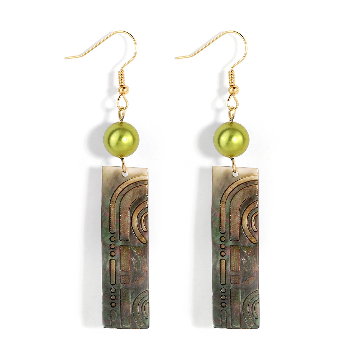 MYK1860-Black shell carved long earrings with natural mother-of-pearl pendants