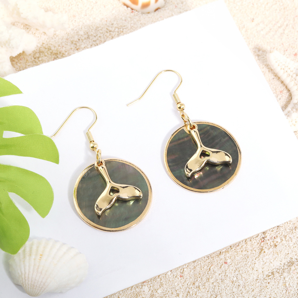 MYK1865-Tropical-style natural round black shell earrings with gold trim, island-themed earrings