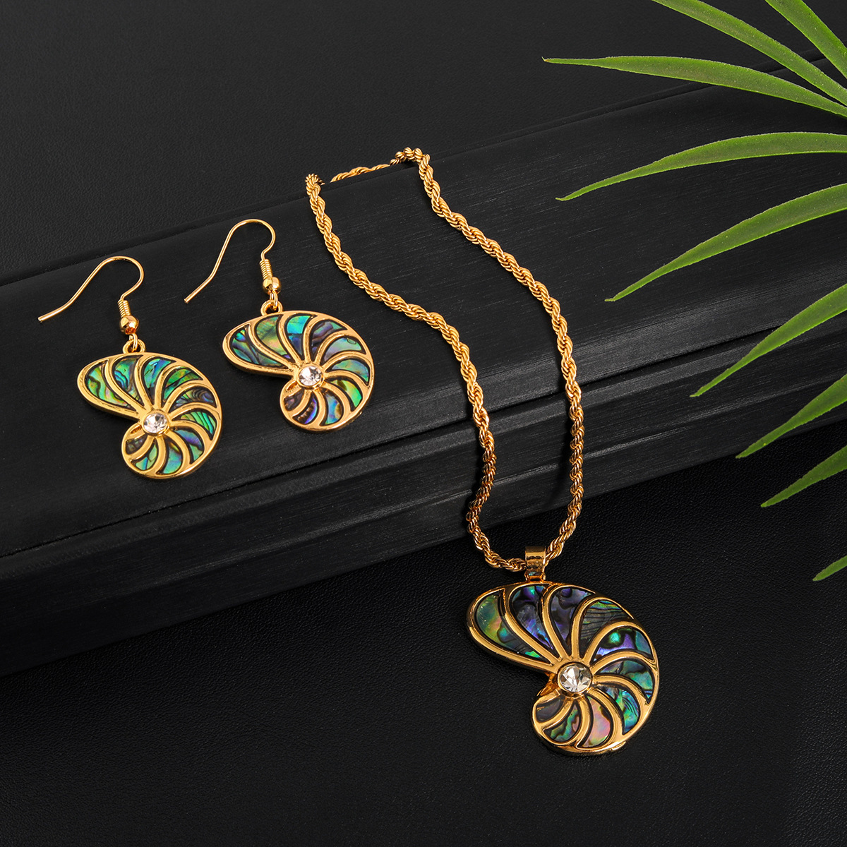 MYK1861-New Natural Abalone Shell Appliqué Sunflower Jewelry Set, Real Gold Plated, Beach Resort Style Jewelry
