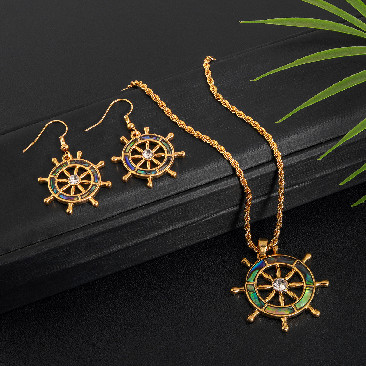MYK1861-New Natural Abalone Shell Appliqué Sunflower Jewelry Set, Real Gold Plated, Beach Resort Style Jewelry