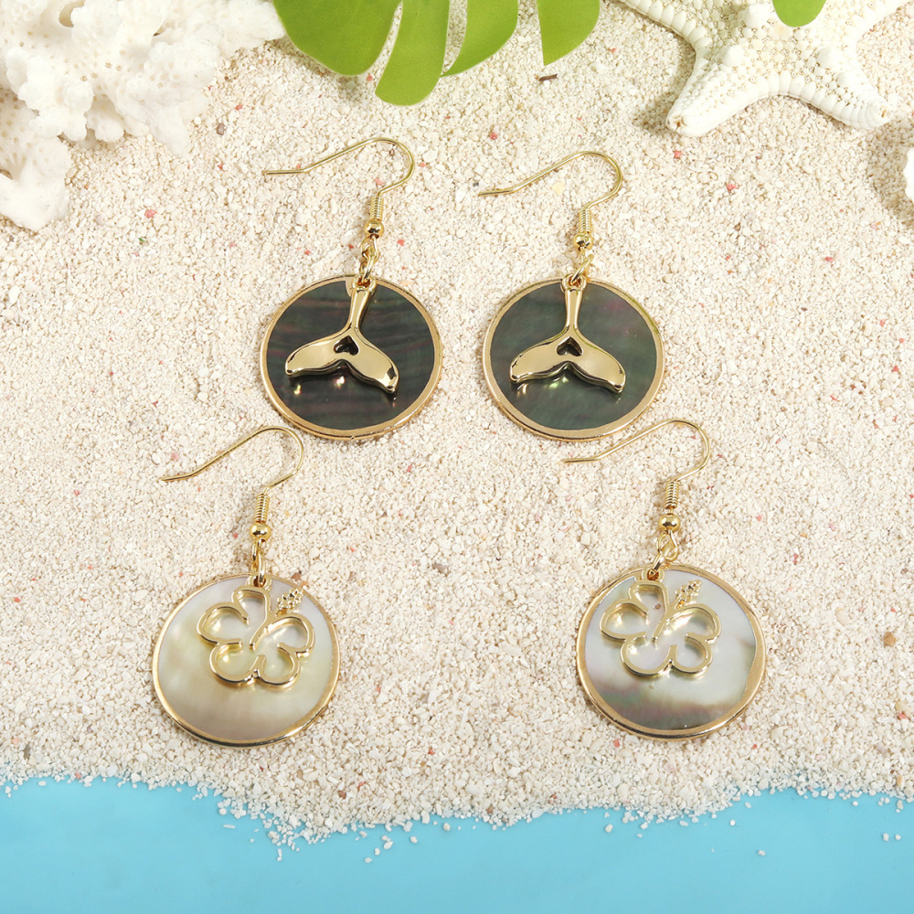 MYK1865-Tropical-style natural round black shell earrings with gold trim, island-themed earrings
