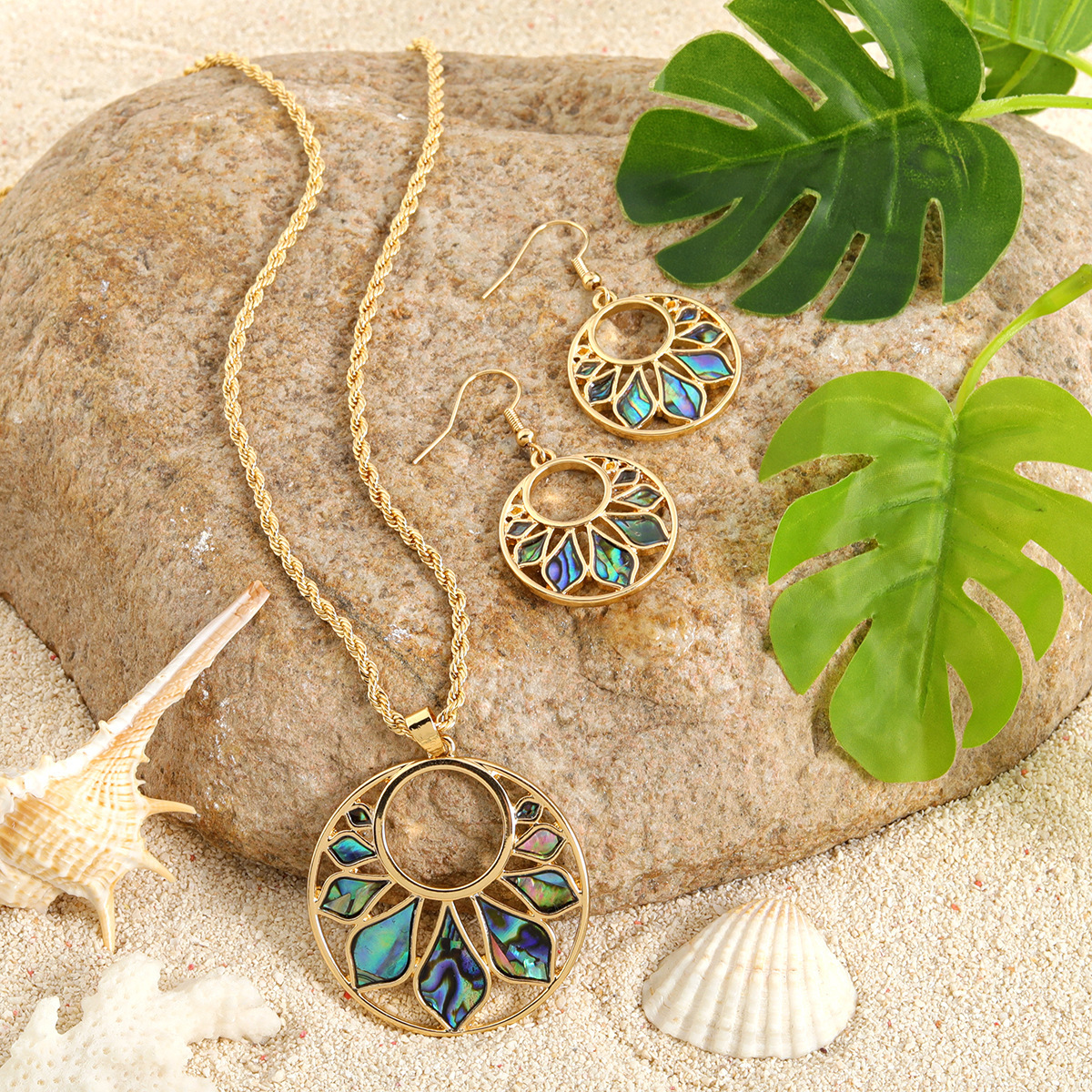 MYK1861-New Natural Abalone Shell Appliqué Sunflower Jewelry Set, Real Gold Plated, Beach Resort Style Jewelry