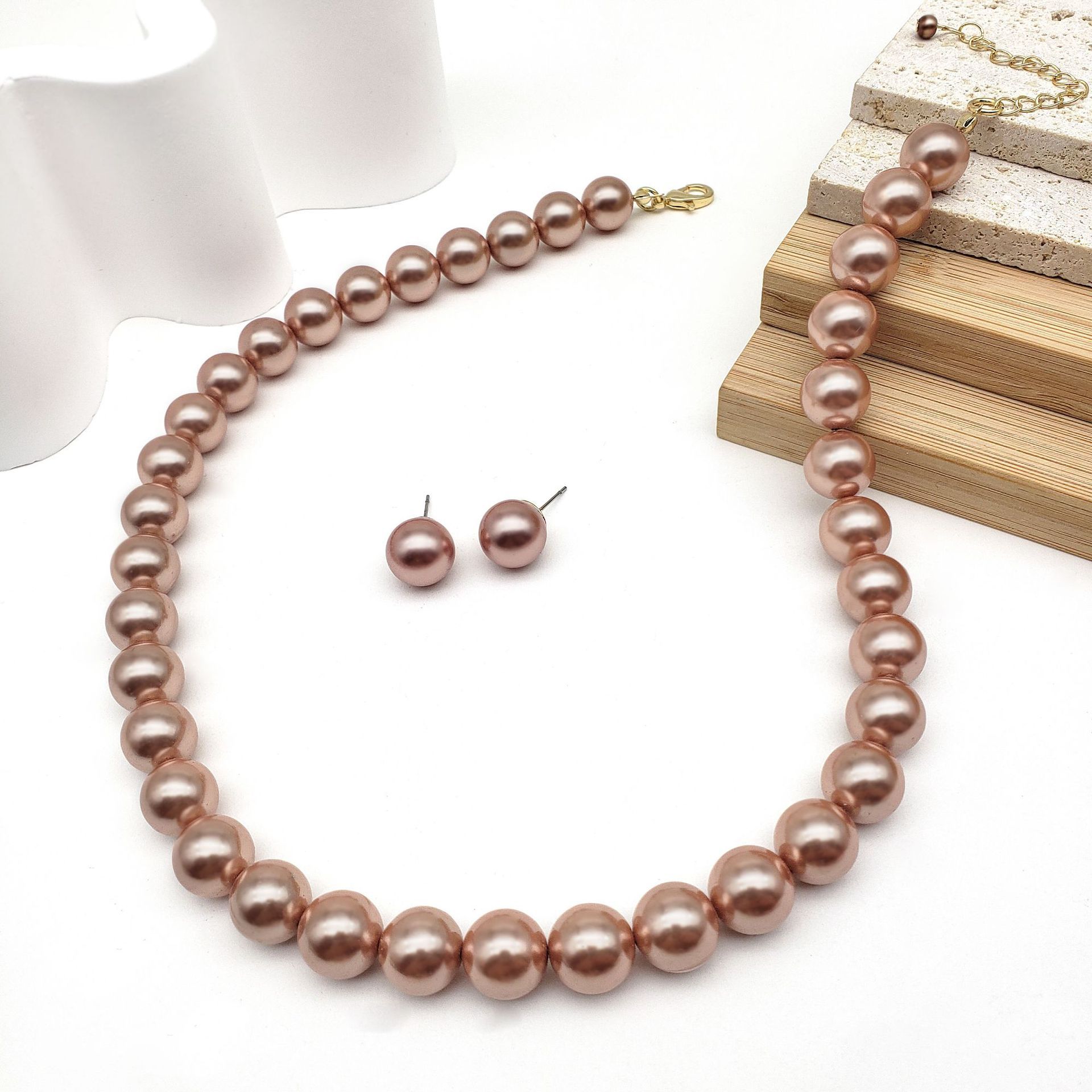 MYK1882-12mm Premium High-Gloss Multi-Color Natural Mother-of-Pearl Necklace and Earring Jewelry Set