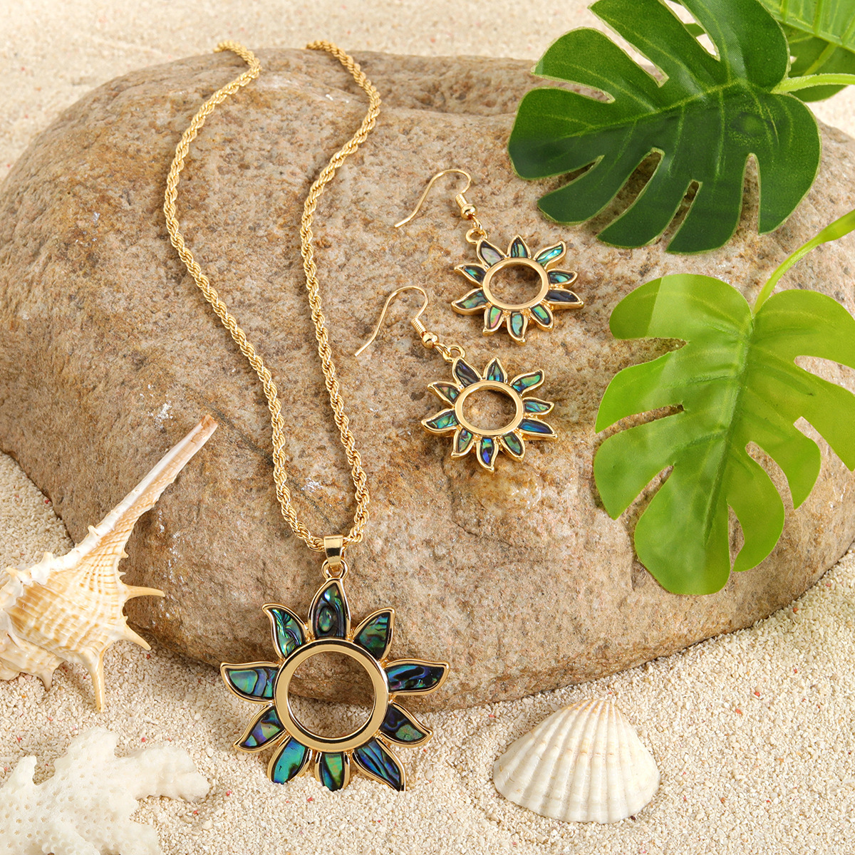 MYK1861-New Natural Abalone Shell Appliqué Sunflower Jewelry Set, Real Gold Plated, Beach Resort Style Jewelry