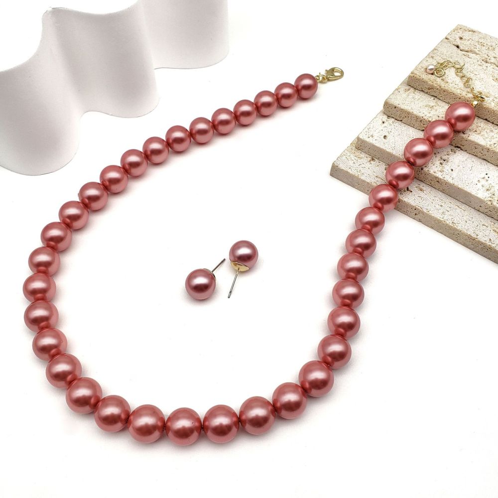 MYK1882-12mm Premium High-Gloss Multi-Color Natural Mother-of-Pearl Necklace and Earring Jewelry Set