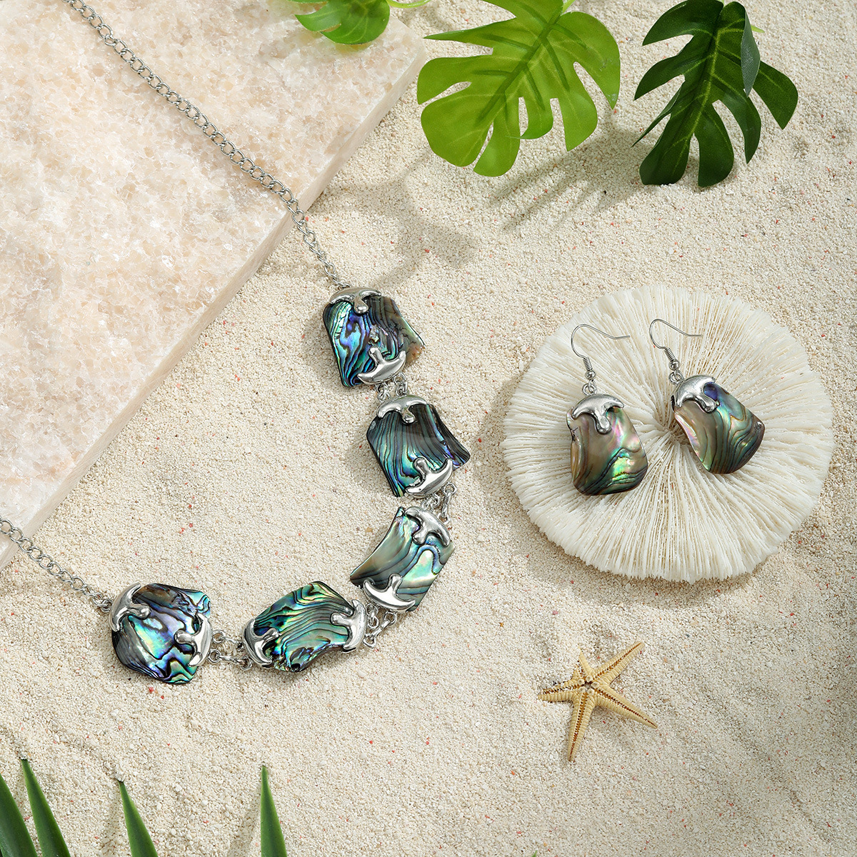 MYK1854-Natural seashell patchwork necklace, earrings, and bracelet three-piece set with irregular metal edging seashell jewelry