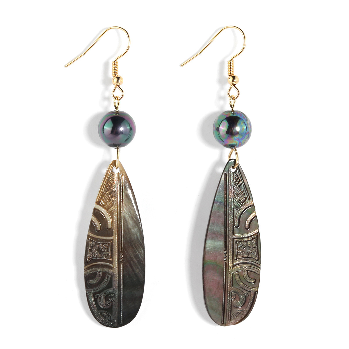 MYK1879-Natural teardrop shell earrings, fashionable carved shell bead ear hooks.