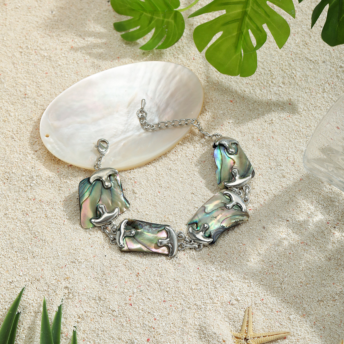 MYK1854-Natural seashell patchwork necklace, earrings, and bracelet three-piece set with irregular metal edging seashell jewelry