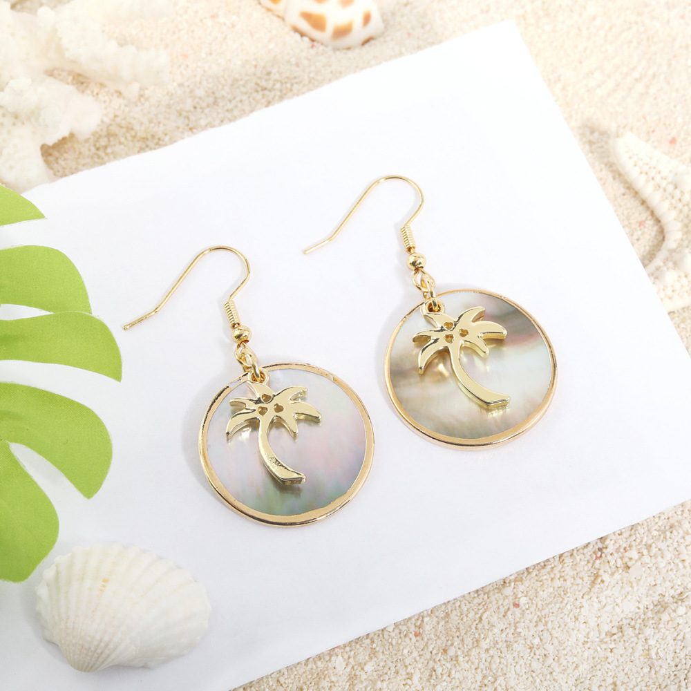 MYK1865-Tropical-style natural round black shell earrings with gold trim, island-themed earrings
