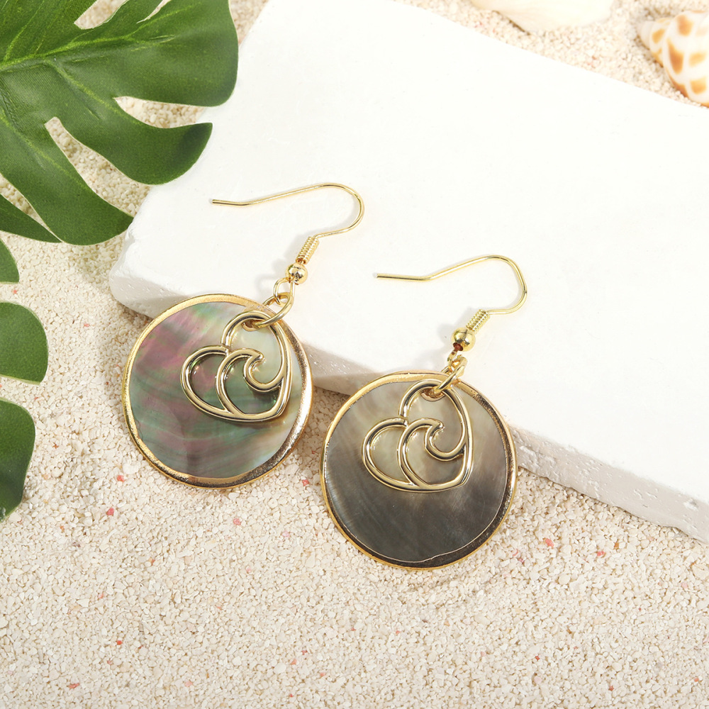 MYK1865-Tropical-style natural round black shell earrings with gold trim, island-themed earrings