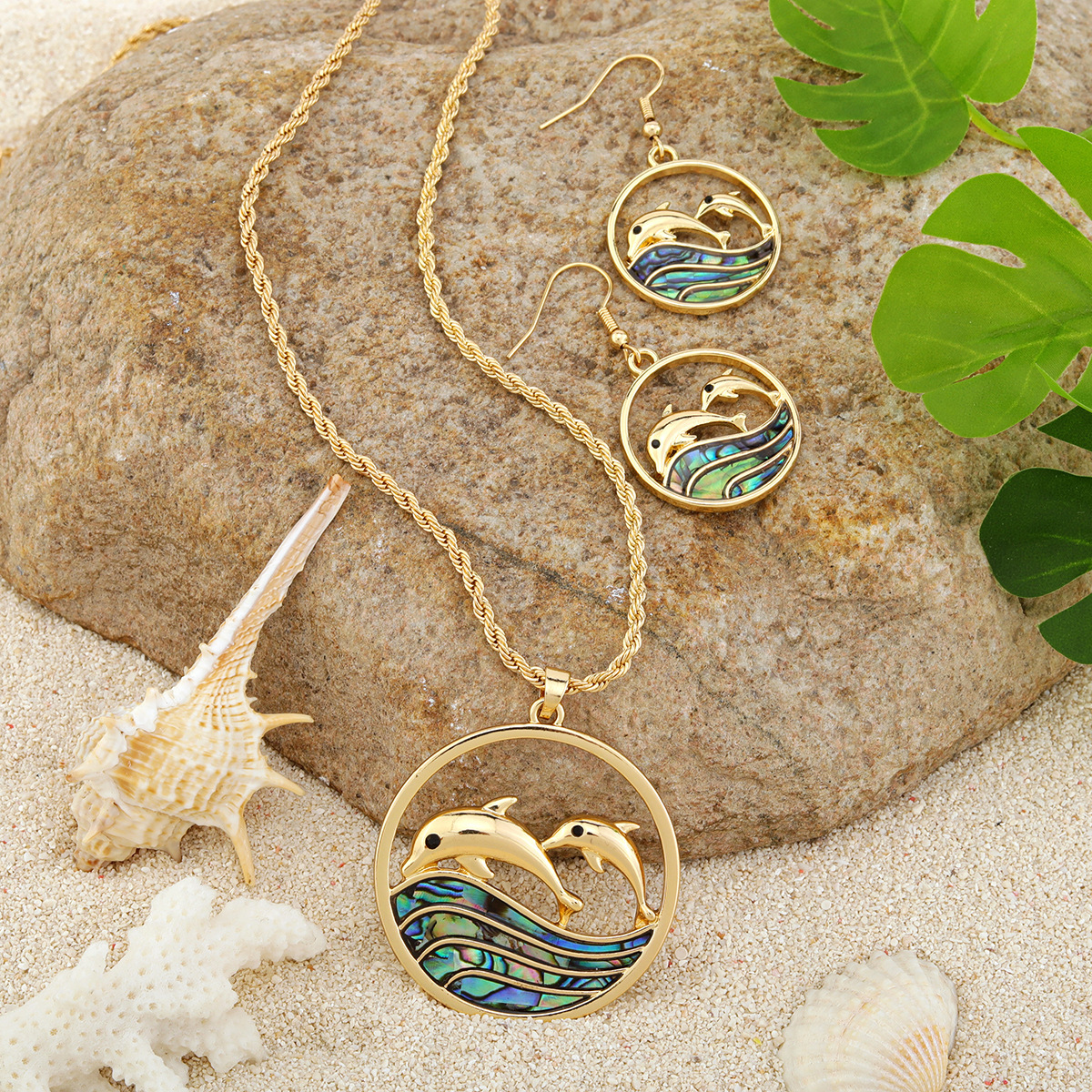 MYK1861-New Natural Abalone Shell Appliqué Sunflower Jewelry Set, Real Gold Plated, Beach Resort Style Jewelry