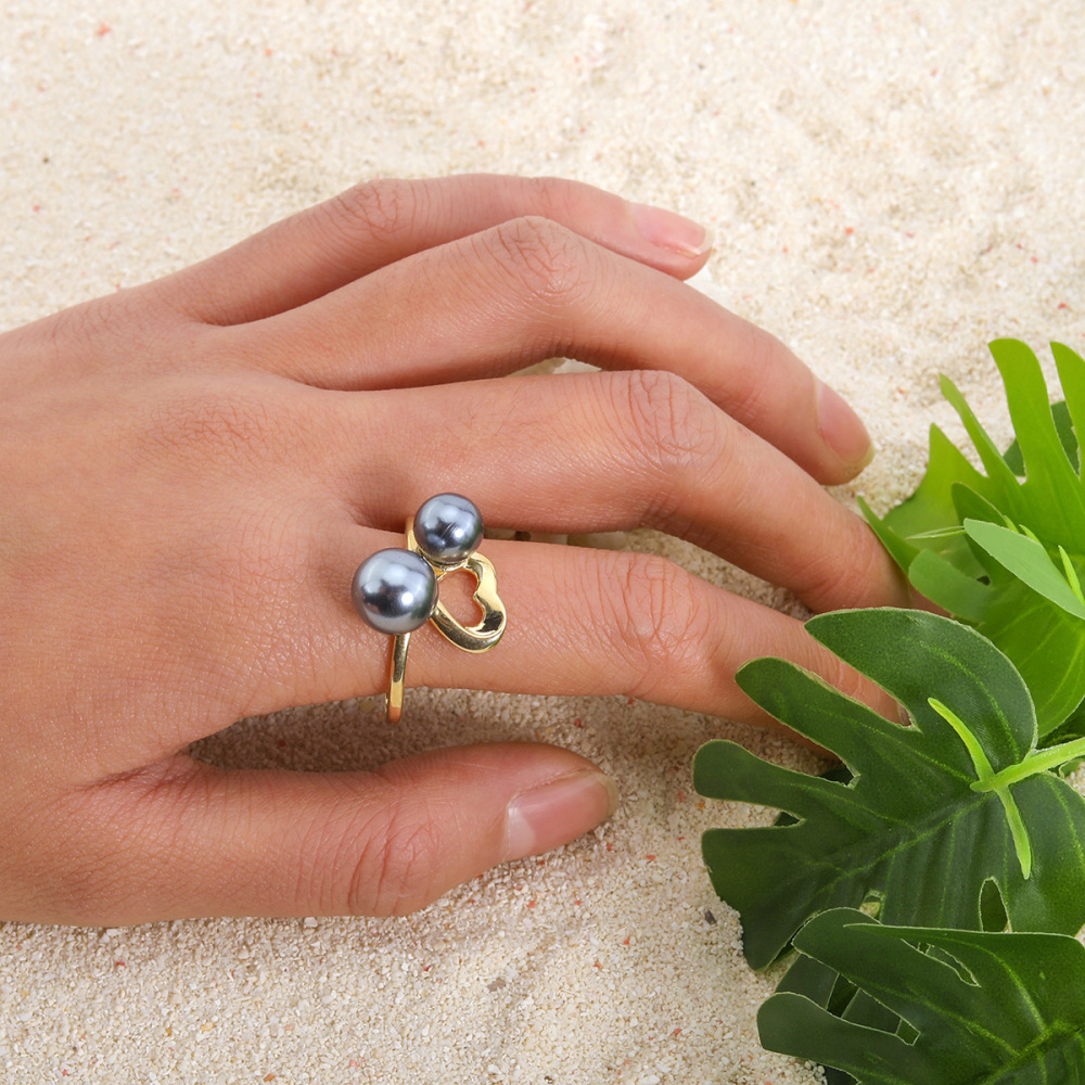 MYK1869-Hawaii map pearl heart ring, niche design, gold-plated, unique ring