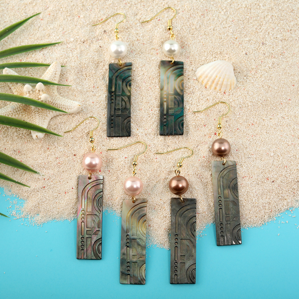 MYK1860-Black shell carved long earrings with natural mother-of-pearl pendants