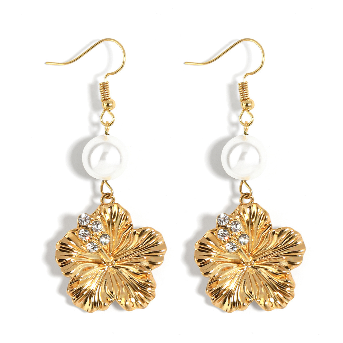 MYK1876-Hawaiian chic rhinestone frangipani pearl earrings