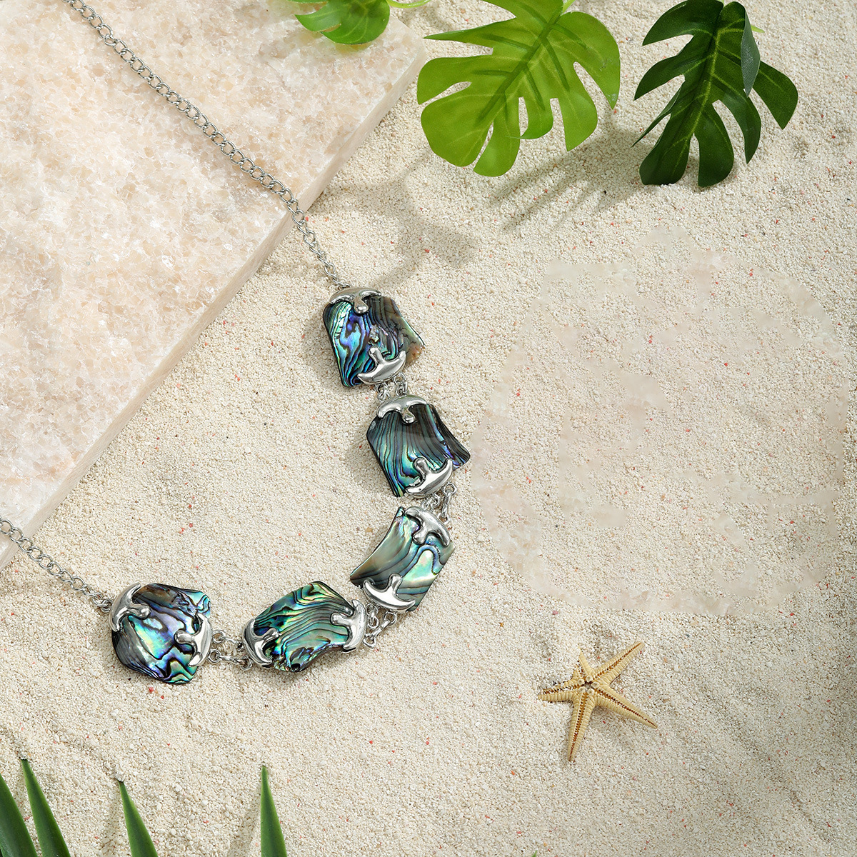MYK1854-Natural seashell patchwork necklace, earrings, and bracelet three-piece set with irregular metal edging seashell jewelry
