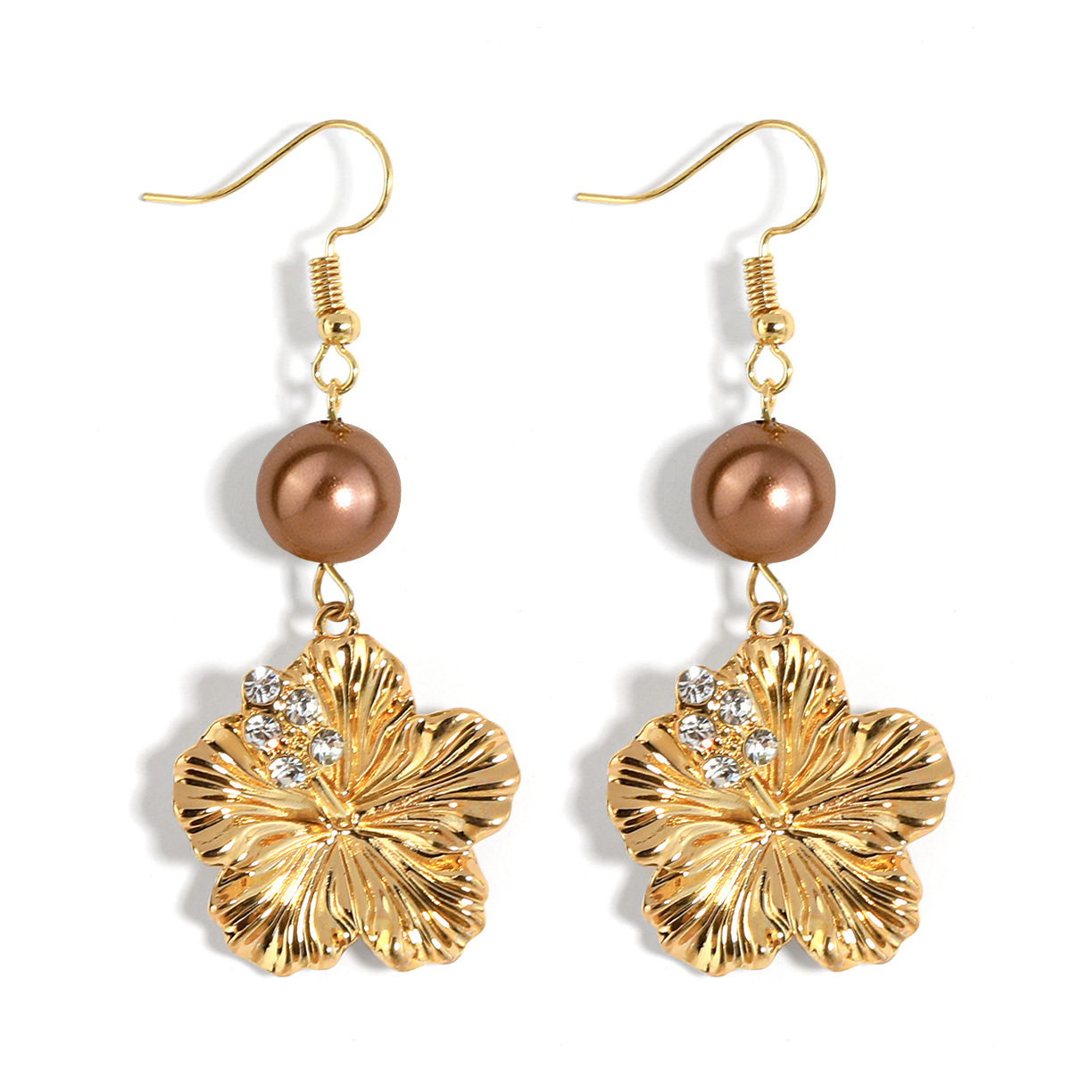MYK1876-Hawaiian chic rhinestone frangipani pearl earrings