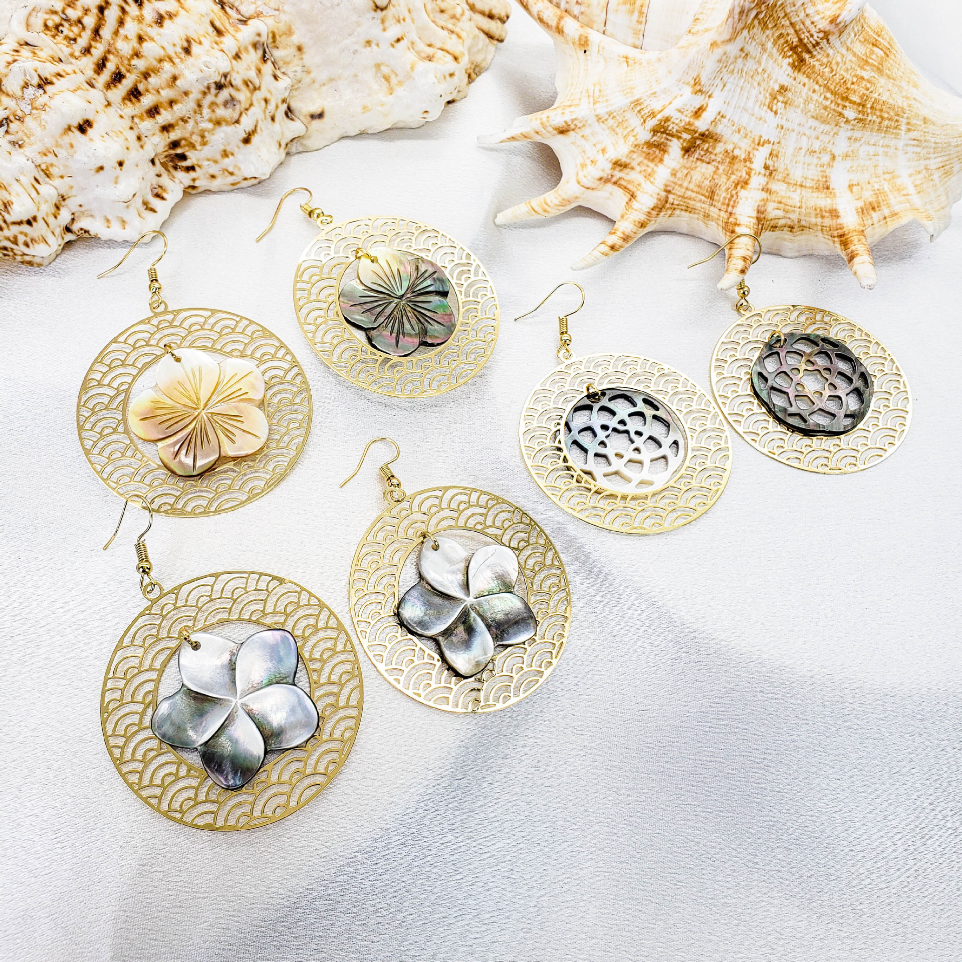 MYK1868-Hawaiian-style finely crafted natural seashell earrings with openwork floral design