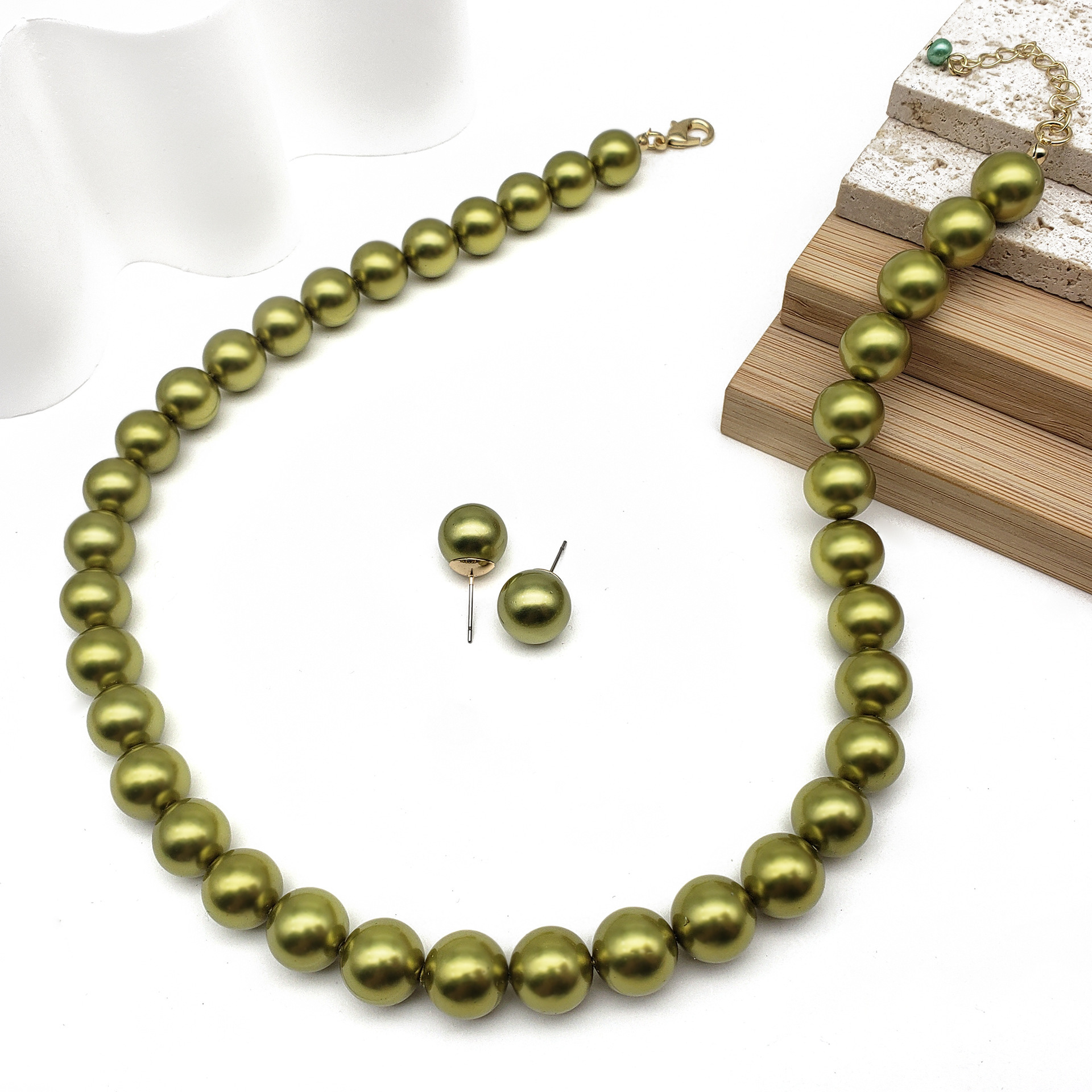 MYK1882-12mm Premium High-Gloss Multi-Color Natural Mother-of-Pearl Necklace and Earring Jewelry Set